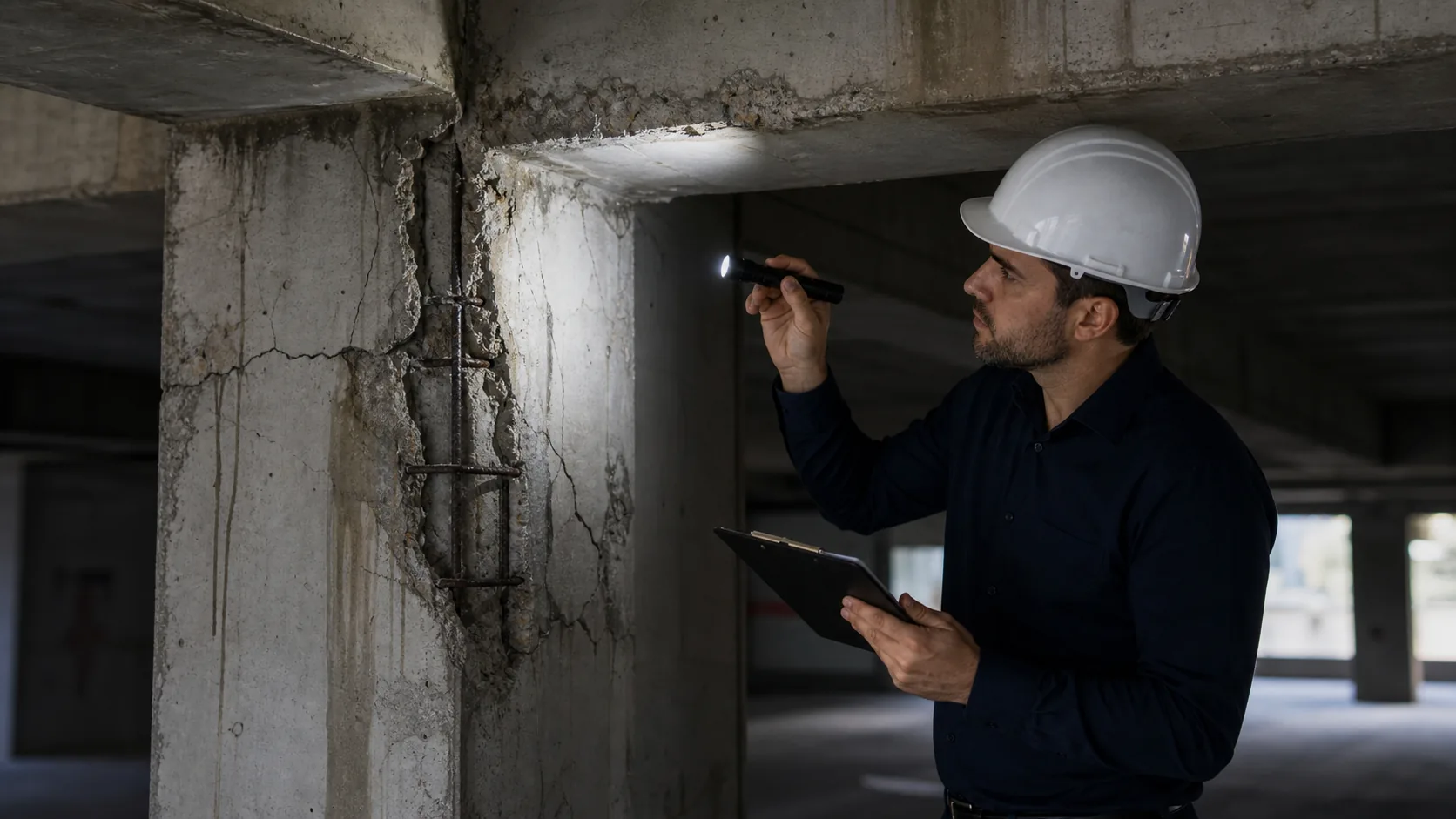 Engenheiro analisando patologia em estrutura de concreto armado deteriorada