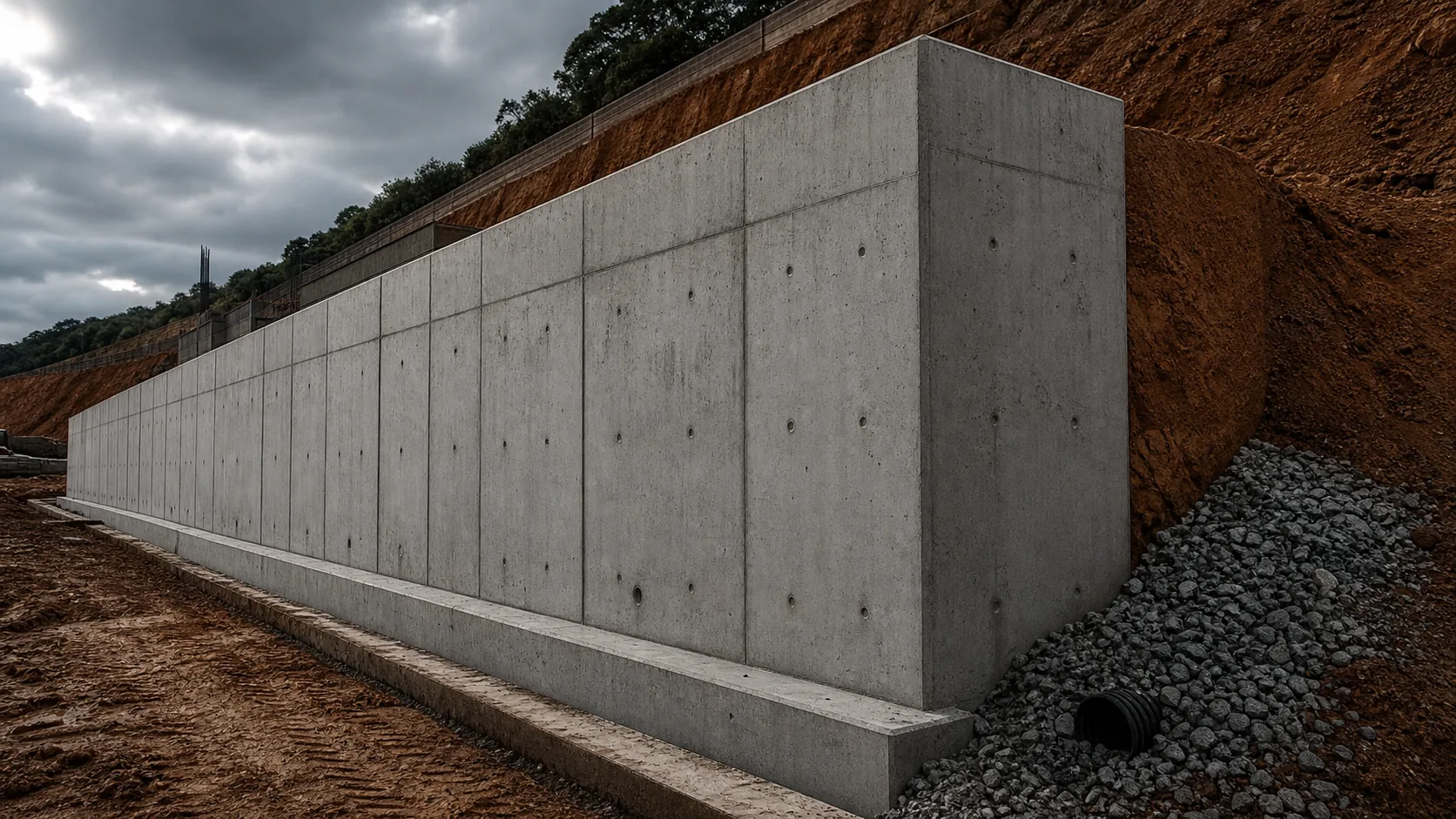 Muro de arrimo em concreto armado em obra com terreno e drenagem